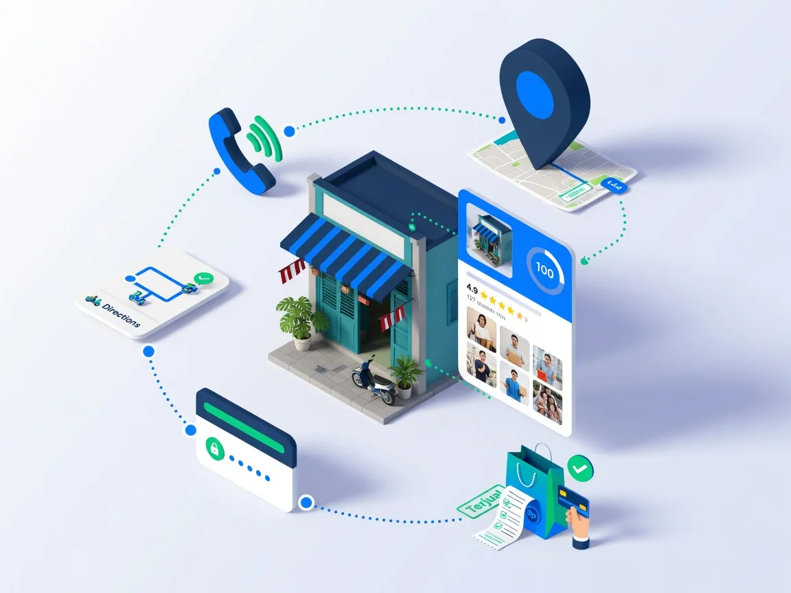 Ilustrasi perjalanan pelanggan dari Google Business Profile dan Maps menuju telepon, petunjuk arah, kunjungan website, review, lalu transaksi di bisnis lokal.