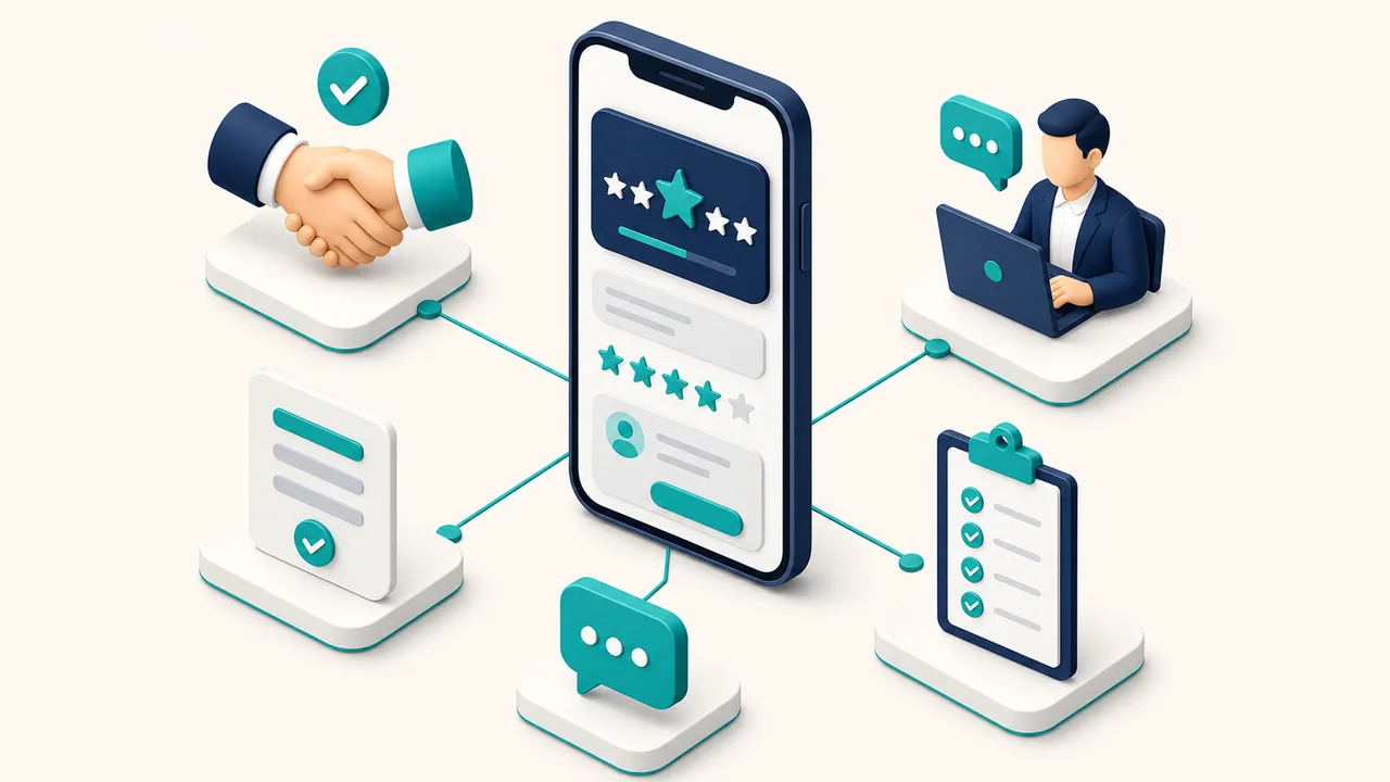 Ilustrasi alur kerja review Google dari layanan selesai sampai perbaikan operasional