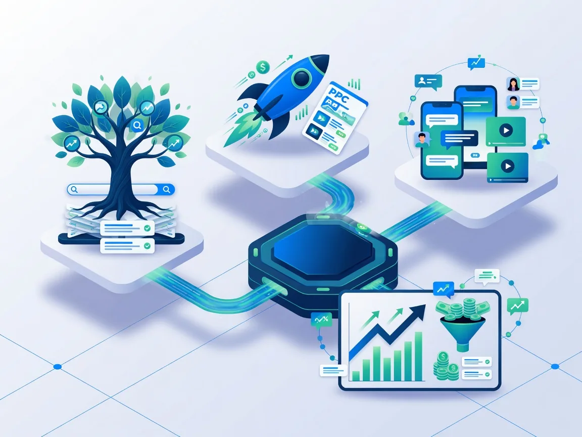 Ilustrasi strategi channel terintegrasi yang menggabungkan pertumbuhan organik SEO, kecepatan PPC, percakapan social media, serta pengukuran lead dan revenue.