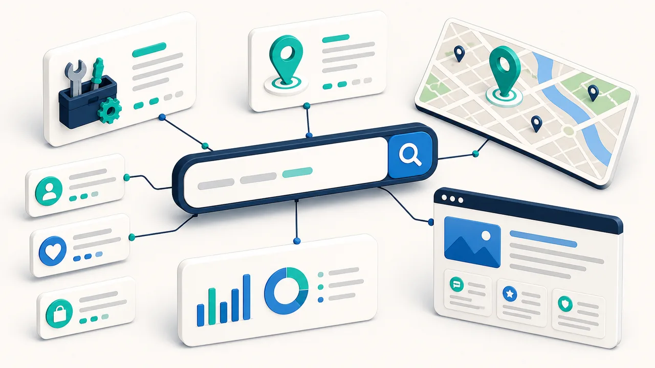 Ilustrasi riset keyword local SEO dari layanan, lokasi, intent, sampai halaman website