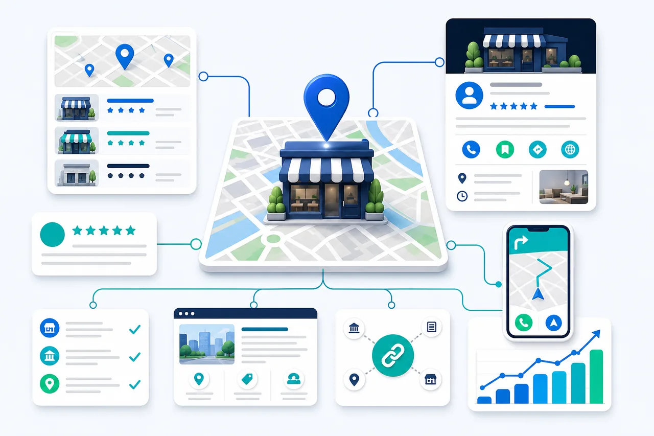 Ilustrasi ekosistem local SEO yang menghubungkan peta, profil bisnis, local pack, review, halaman website, citation, arah, telepon, dan pengukuran.