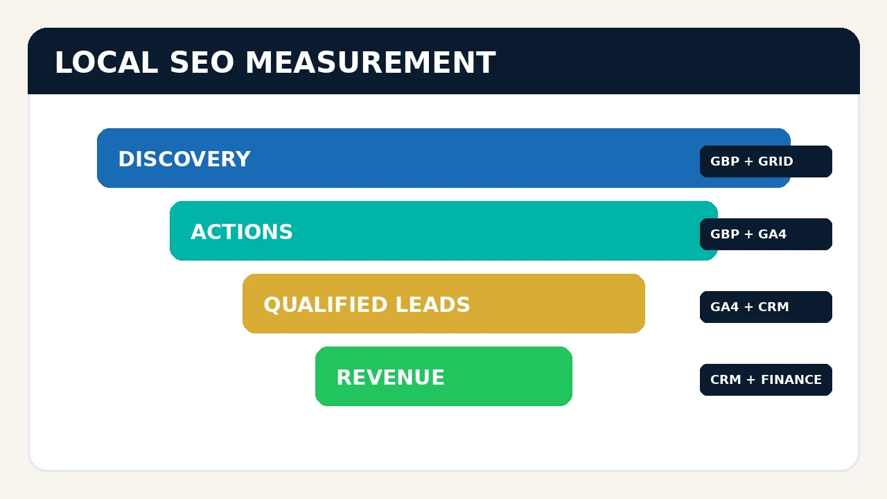 Ilustrasi funnel pengukuran local SEO dari discovery sampai revenue