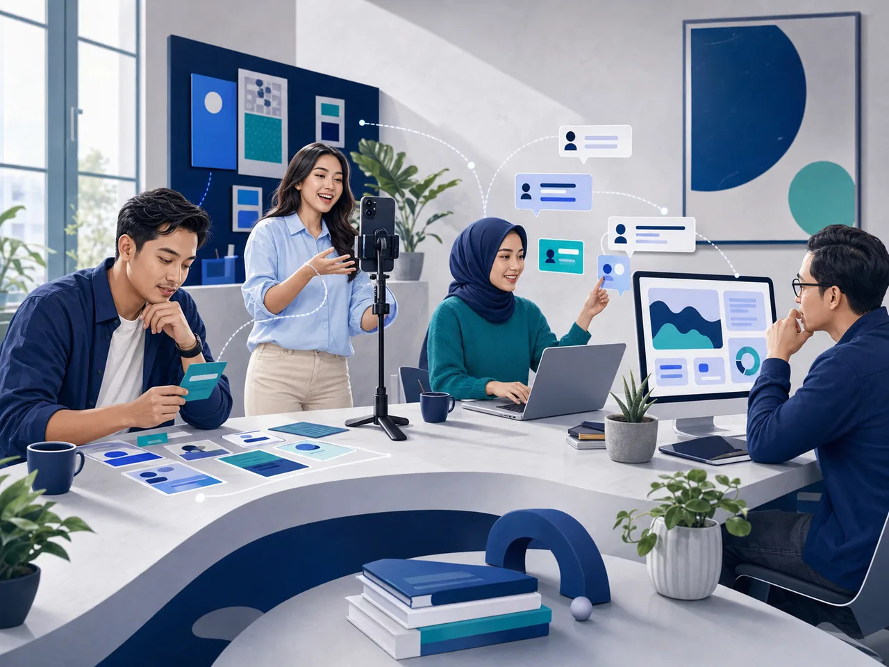 Ilustrasi editorial tim marketing Indonesia yang menghubungkan riset audiens, produksi video vertikal, community response, dan analisis performa dalam satu workflow social media.