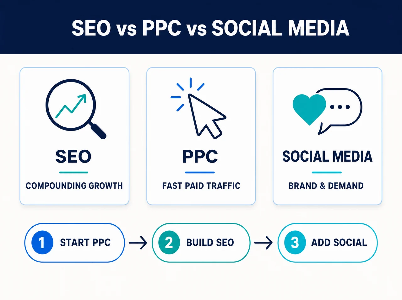 Infographic comparing SEO, PPC, and social media — SEO for compounding growth, PPC for fast paid traffic, social media for brand and demand — and the recommended sequence: start with PPC, build SEO, then add social.