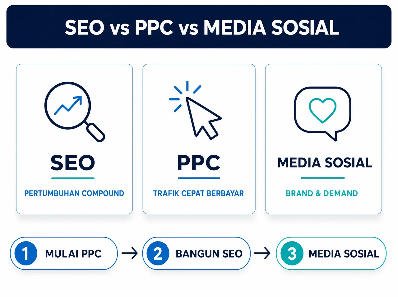 Infografik perbandingan SEO, PPC, dan media sosial — SEO untuk pertumbuhan compound, PPC untuk trafik cepat berbayar, media sosial untuk brand dan demand — serta urutan yang disarankan: mulai PPC, bangun SEO, lalu tambahkan media sosial.