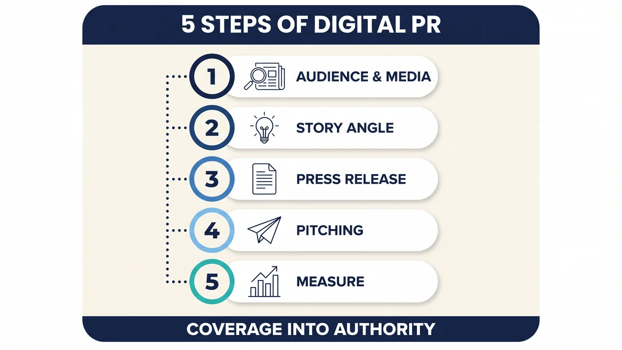 The five steps of digital PR: audience and media, story angle, press release, pitching, then measure — coverage into authority.