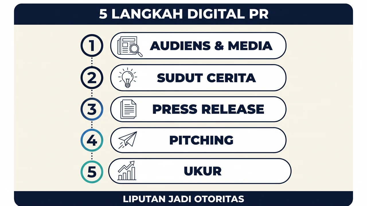 Lima langkah digital PR: audiens & media, sudut cerita, press release, pitching, lalu ukur — liputan jadi otoritas.