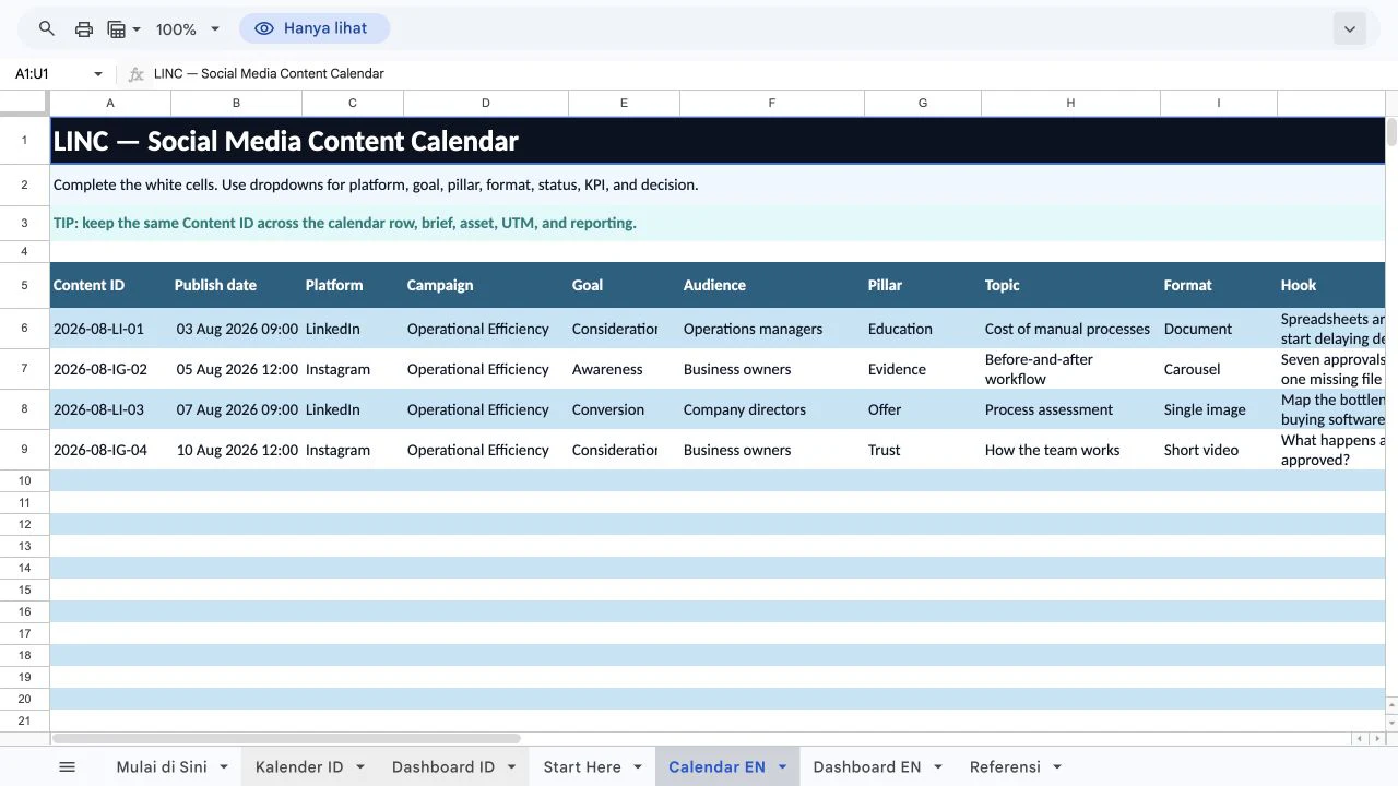 Screenshot of the LINC social media content calendar in Google Sheets with content ID, date, platform, campaign, goal, audience, pillar, topic, format, and hook columns.
